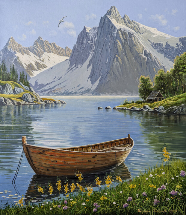 Schilderij getiteld "Still Waters, Subli…" door Stepan Ohanyan, Origineel Kunstwerk, Olie Gemonteerd op Frame voor houten br…