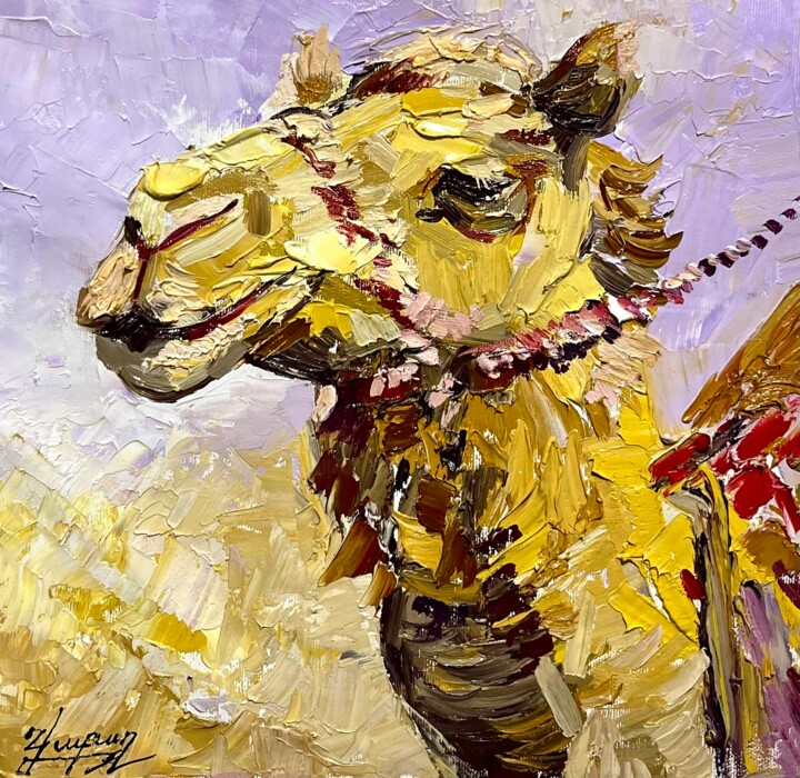 Schilderij getiteld "The Proud Traveler" door Vahe Bagumyan, Origineel Kunstwerk, Olie Gemonteerd op Frame voor houten branc…