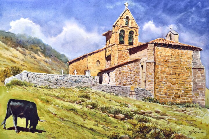 Pintura titulada "Iglesia de Foldada" por Balderas, Obra de arte original, Acuarela