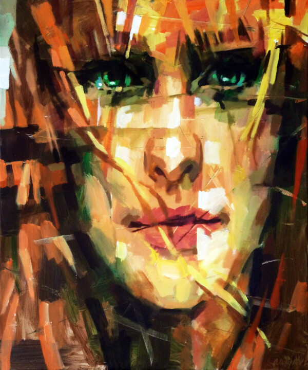 Pintura intitulada "GREEN-EYED" por Aleksandr Ilichev, Obras de arte originais, Acrílico
