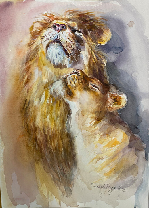 Lion and lioness. 绘画, 14.8x10.6 in