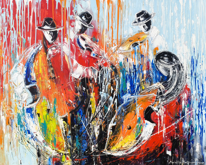 Schilderij getiteld "Jazz in Color" door Marietta Martirosyan, Origineel Kunstwerk, Olie Gemonteerd op Frame voor houten bra…