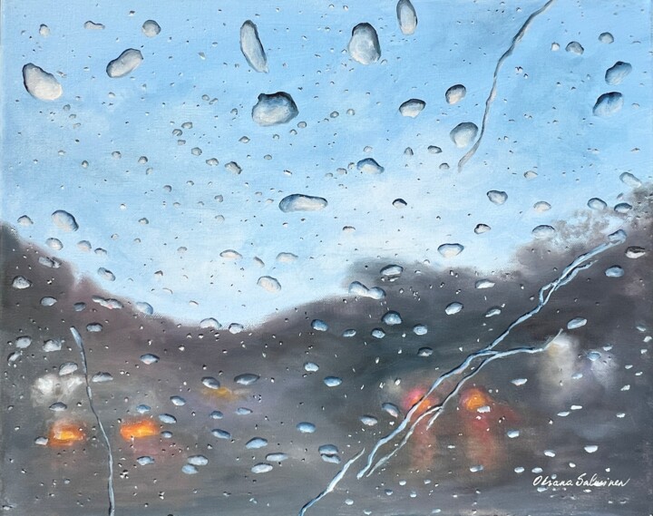 Painting titled "Raindrops" by Oksana Salminen, Original Artwork, Oil Mounted on Wood Stretcher frame
