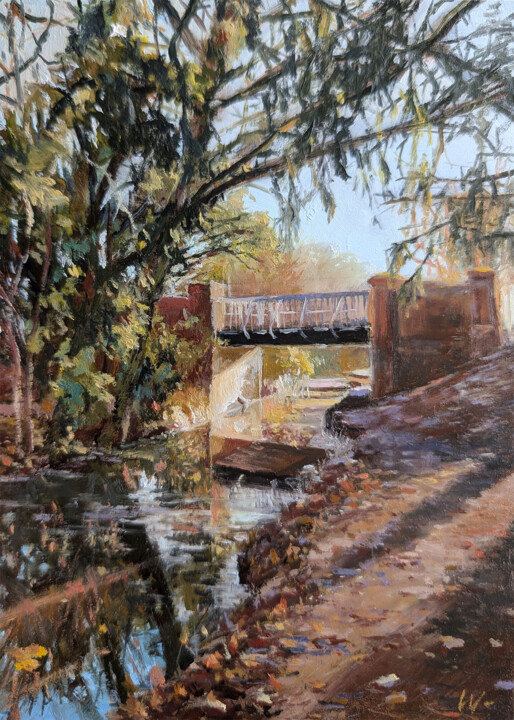 Schilderij getiteld "Under the Old Bridge" door Wolfango Chiappella, Origineel Kunstwerk, Olie