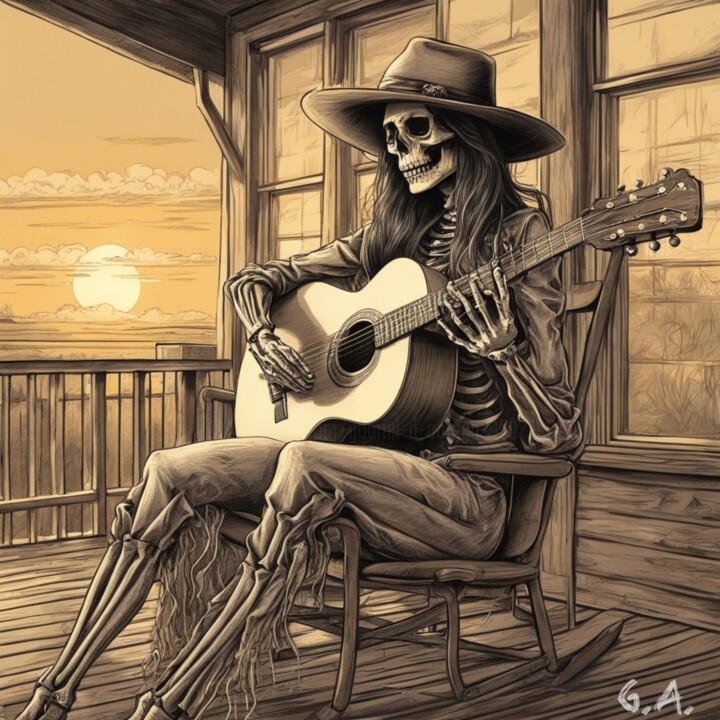 Ballade du Crépuscule : Cowgirl Squelette à la Guitare 数字艺术