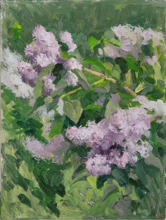 Schilderij getiteld "A branch of lilac" door Aleksey Burov, Origineel Kunstwerk, Olie