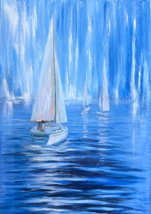 Painting titled "Dream Sailing" by Oksana Salminen, Original Artwork, Oil Mounted on Wood Stretcher frame