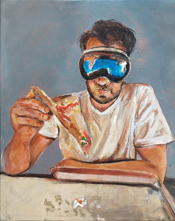 Painting titled "DREAMING PIZZA" by Mennato Tedesco, Original Artwork, Oil Mounted on Wood Stretcher frame