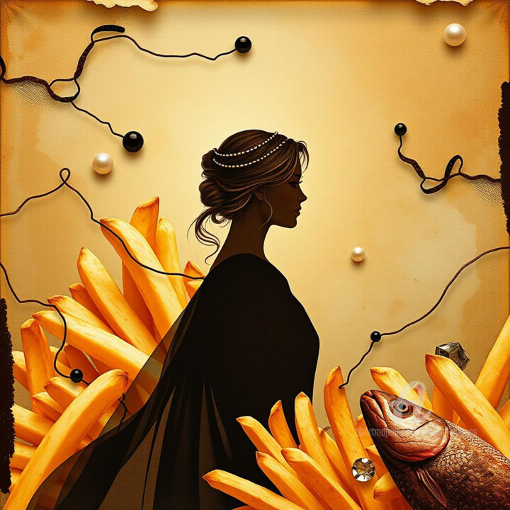 Digitale Kunst getiteld "Girl pearls and tak…" door Davina Dugnas, Origineel Kunstwerk, Digitale collage Gemonteerd op Frame…