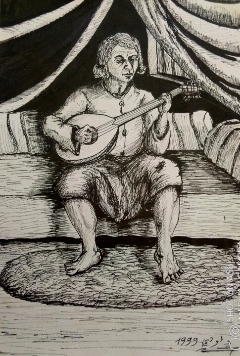 Drawing titled "joueur de luthe" by Daoudi Mohamed, Original Artwork, Ink