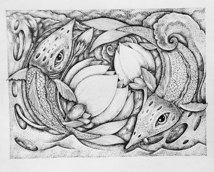 fish and lotuses Schilderij, 5,1x6,3 in