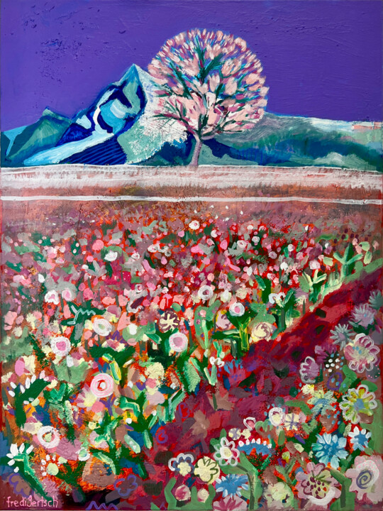 Painting titled "Wo die Berge träumen" by Fredi Gertsch, Original Artwork, Acrylic Mounted on Wood Stretcher frame