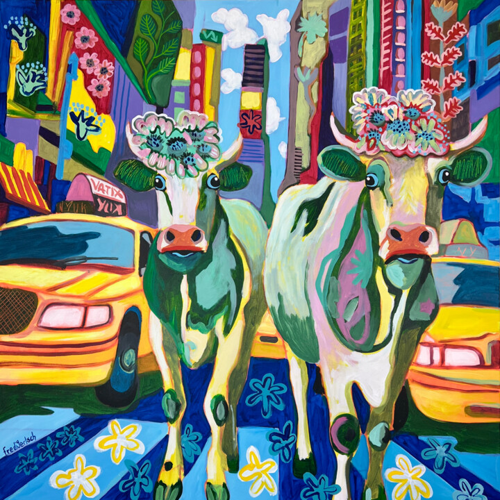 Painting titled "Moo York City" by Fredi Gertsch, Original Artwork, Acrylic Mounted on Wood Stretcher frame