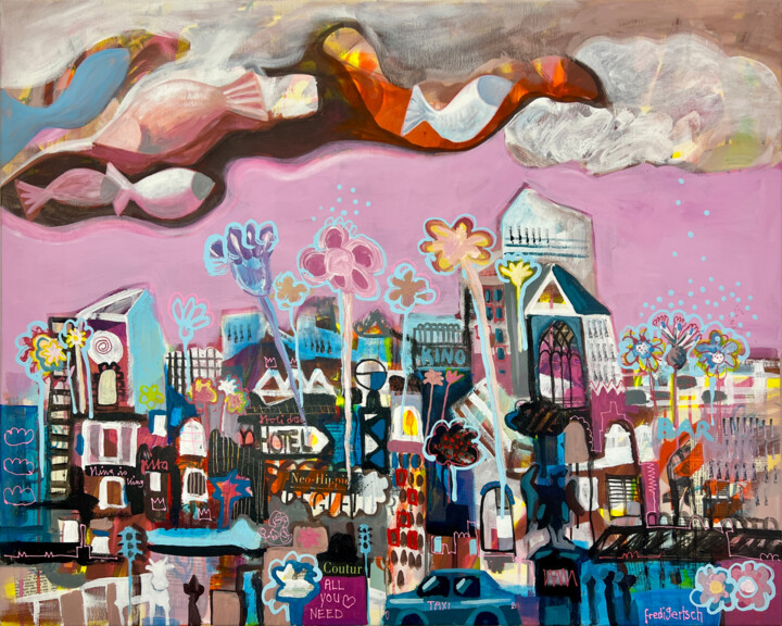 Painting titled "Urban Bloom - Stadt…" by Fredi Gertsch, Original Artwork, Acrylic Mounted on Wood Stretcher frame