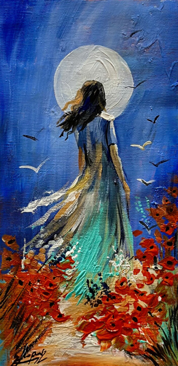 Schilderij getiteld "Midnight Meeting" door Vahe Bagumyan, Origineel Kunstwerk, Olie Gemonteerd op Frame voor houten brancard