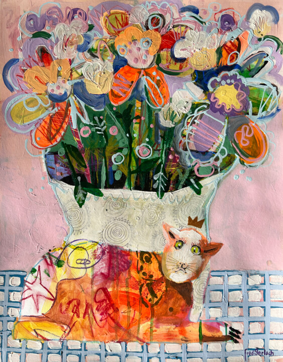 Painting titled "Katze auf dem Tisch" by Fredi Gertsch, Original Artwork, Acrylic