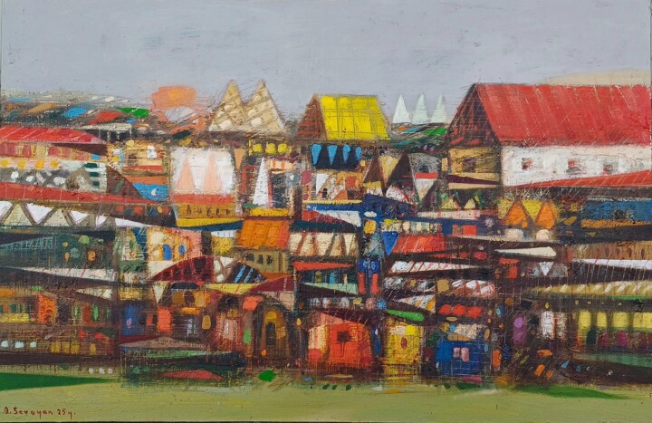 Schilderij getiteld "The Festival Village" door Aram Sevoyan, Origineel Kunstwerk, Olie Gemonteerd op Frame voor houten bran…