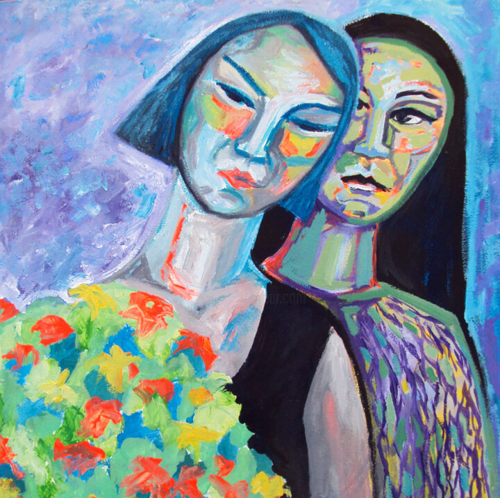 Schilderij getiteld "Femme blue" door Sara Raquel Sarangello, Origineel Kunstwerk, Olie