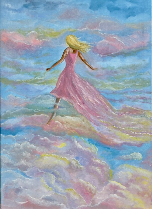 girl in a pink dress on the clouds in pastel tones.” Pittura, 27,6x19,7 in