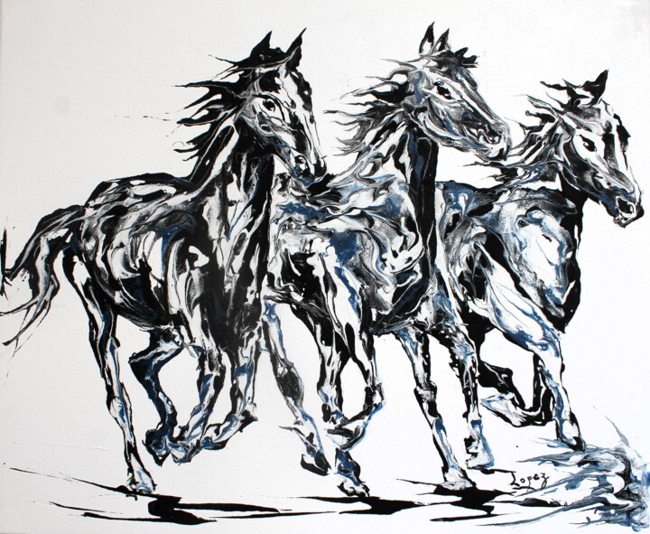 Картина под названием "1794 Trois chevaux…" - Jean-Luc Lopez, Подлинное произведение искусства, Акрил Установлен на Деревянн…