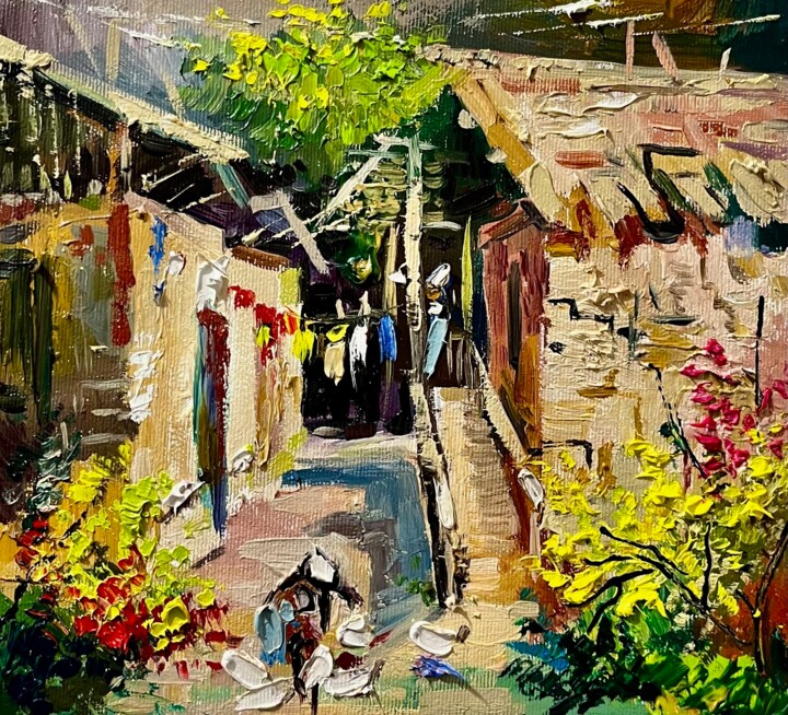 Schilderij getiteld "Sunny Rural Yard" door Vahe Bagumyan, Origineel Kunstwerk, Olie Gemonteerd op Frame voor houten brancard
