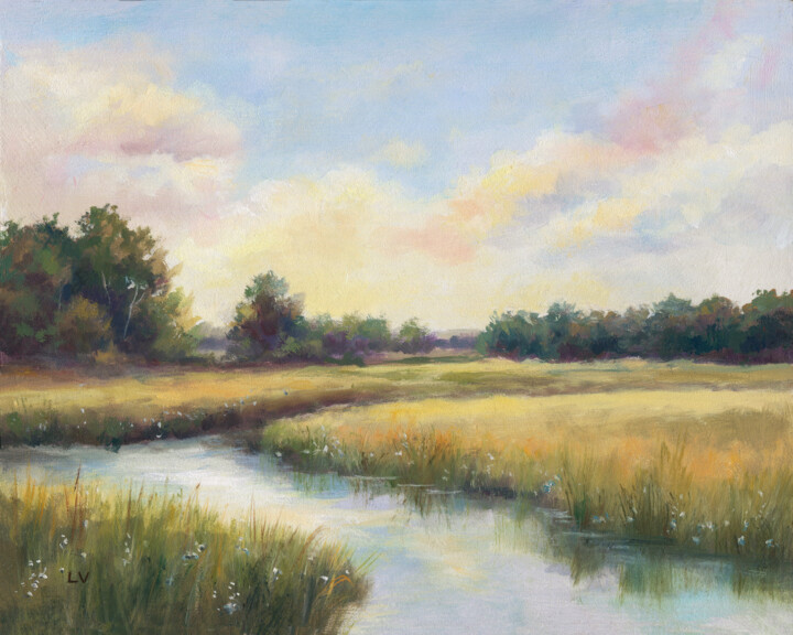 Painting titled "River at sunrise in…" by Lucia Verdejo, Original Artwork, Oil Mounted on Wood Panel