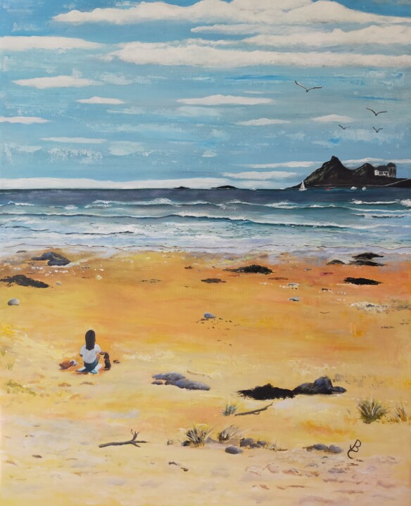 Contemplation sur la plage de Pléneuf Schilderij, 31,5x25,6 in