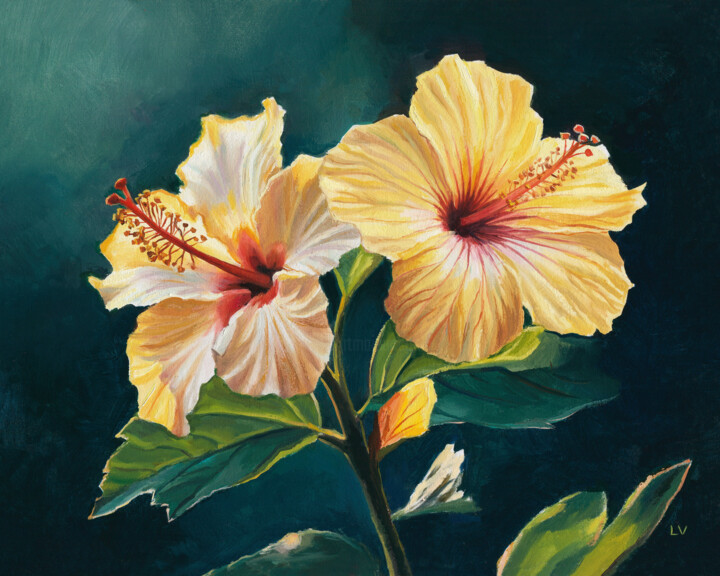 Painting titled "Two yellow hibiscus…" by Lucia Verdejo, Original Artwork, Oil Mounted on Wood Panel