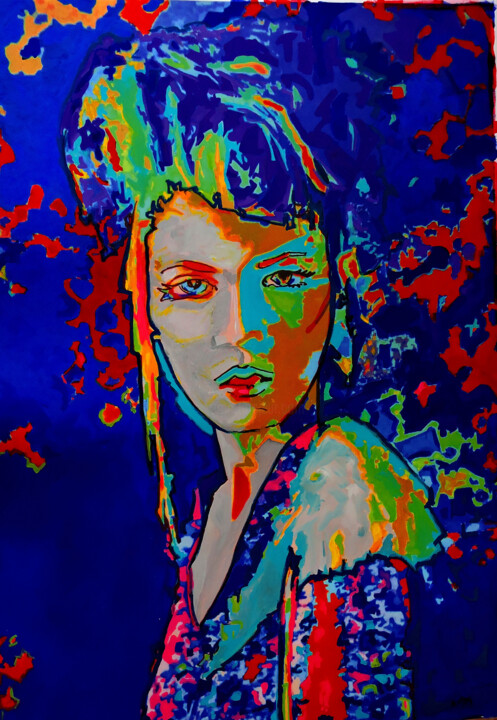 Schilderij getiteld "Portrait femme blue" door Sara Raquel Sarangello, Origineel Kunstwerk, Acryl