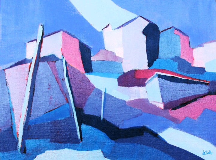 Malerei mit dem Titel "Pointe Courte blues" von Jean-Noël Le Junter, Original-Kunstwerk, Öl Auf Keilrahmen aus Holz montiert