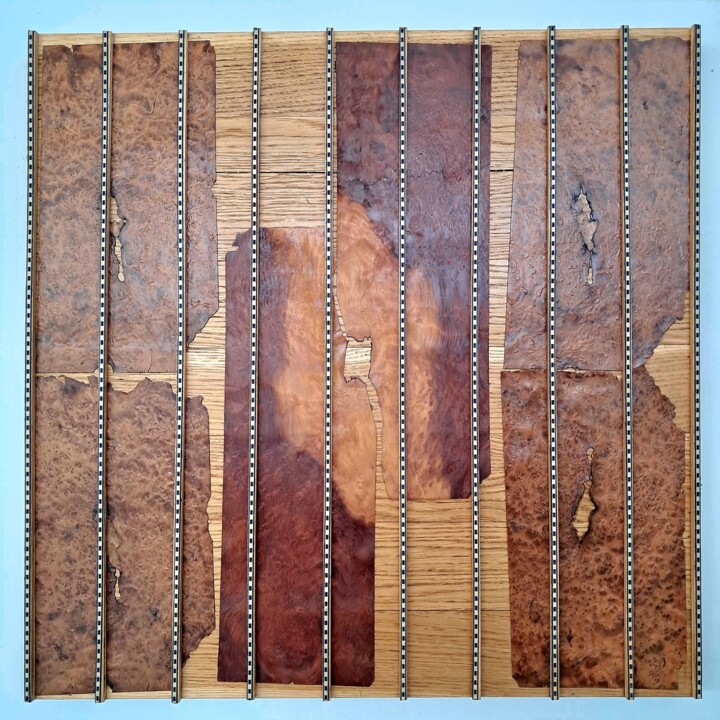 Radiche thuya e sequoia, telaio in rovere intarsi 雕塑, 29.5x29.5 in