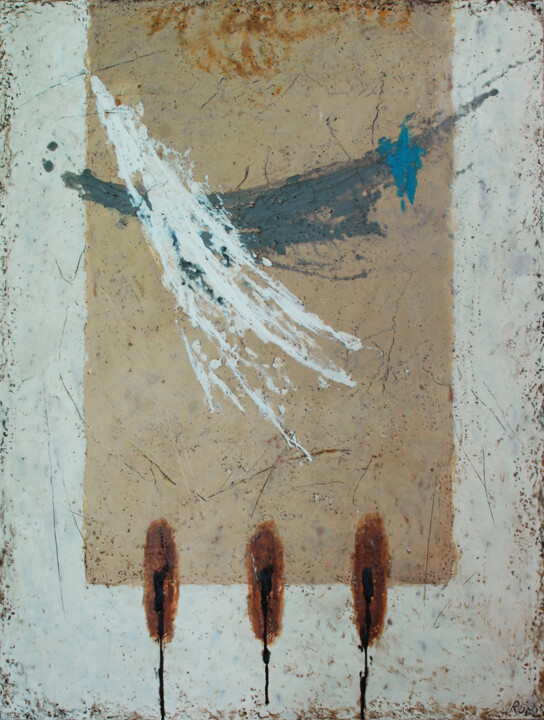 Schilderij getiteld ""Angel feather"" door Rumen Spasov, Origineel Kunstwerk, Encaustiek Gemonteerd op Houten paneel