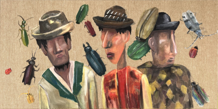Painting titled "Bugs&Beings("Мужики…" by Julia Ponz, Original Artwork, Acrylic Mounted on Wood Stretcher frame