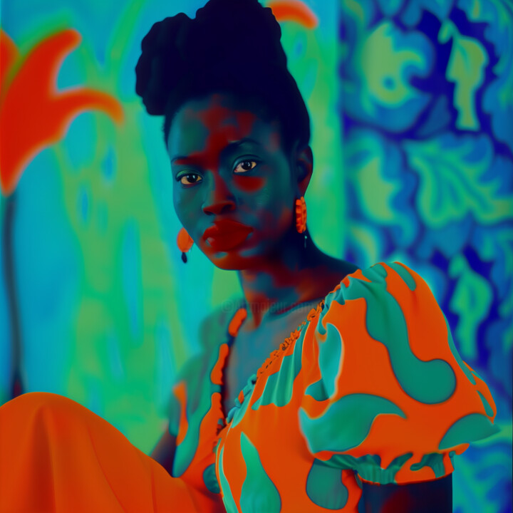 African Female Portrait in Orange Blue digital collage 数字艺术