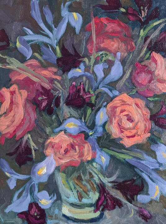 Ирисы и розы Картина, 9,5x7,1 in