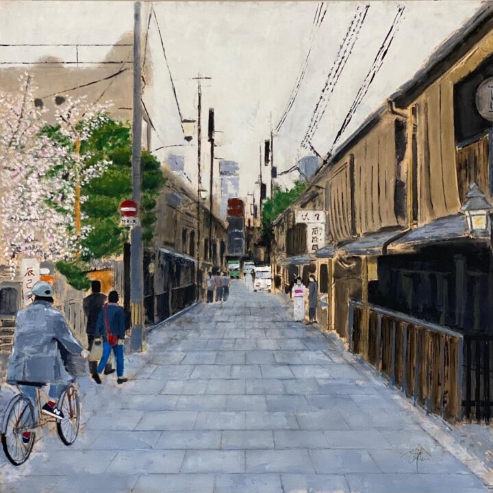 Painting titled "Shinbashi" by Pipa Martín, Original Artwork, Acrylic Mounted on Wood Panel