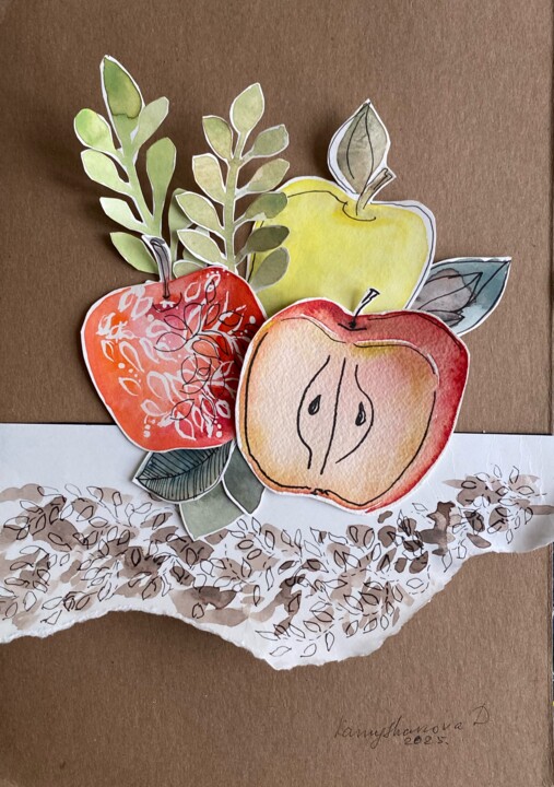 Schilderij getiteld "collage with apples" door Daria Kamishanova, Origineel Kunstwerk, Collages