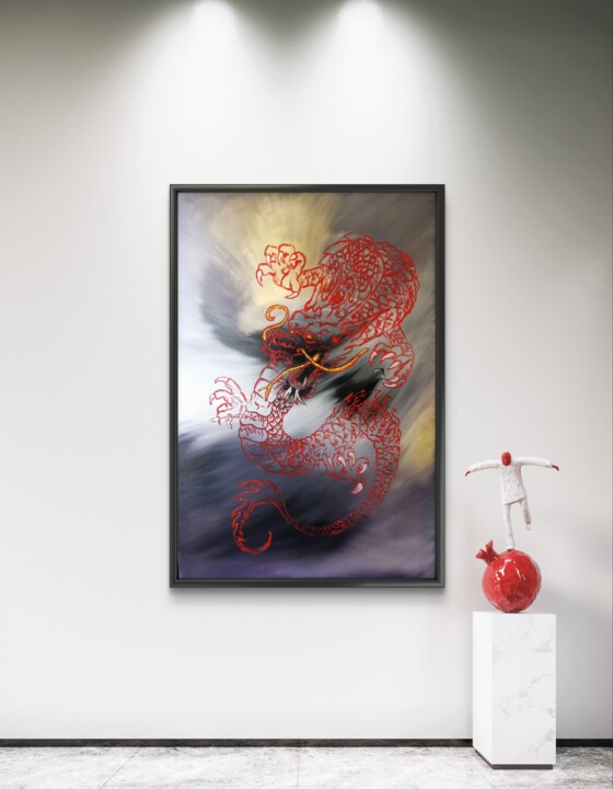 Red Dragon Painting – Large Mythical Oil on Canvas Art