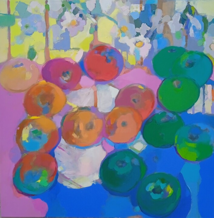 Ζωγραφική με τίτλο "Still Life with App…" από Еlena Shraibman, Αυθεντικά έργα τέχνης, Λάδι Τοποθετήθηκε στο Ξύλινο φορείο σκ…