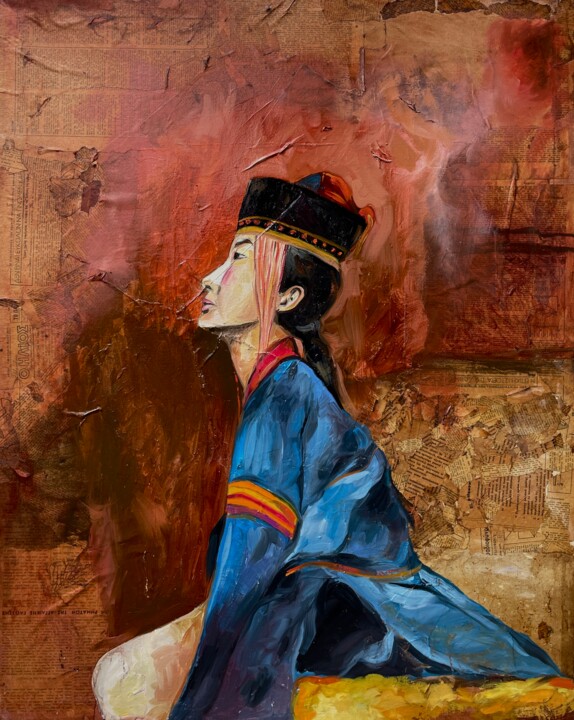 Painting titled "Qipao" by Roberto Rivas, Original Artwork, Gouache Mounted on Wood Stretcher frame
