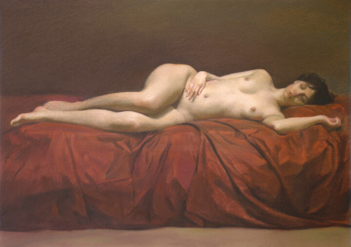 Pittura intitolato "Спящая обнаженная" da Oleg Sergeev, Opera d'arte originale, Pastello