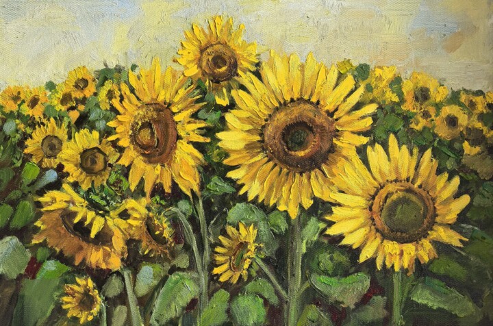 Картина под названием "sunflower fields" - Leyla Demir, Подлинное произведение искусства, Масло Установлен на Деревянная рам…