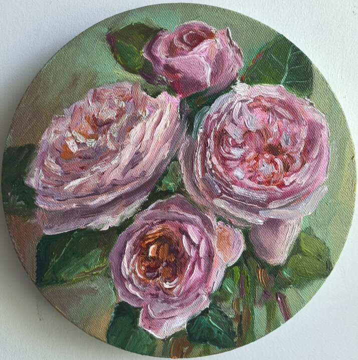 Картина под названием "Pink roses bouquet" - Leyla Demir, Подлинное произведение искусства, Масло Установлен на Деревянная р…