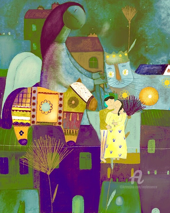 Petits Amoureux à l’ange,maison violette au ciel vert
