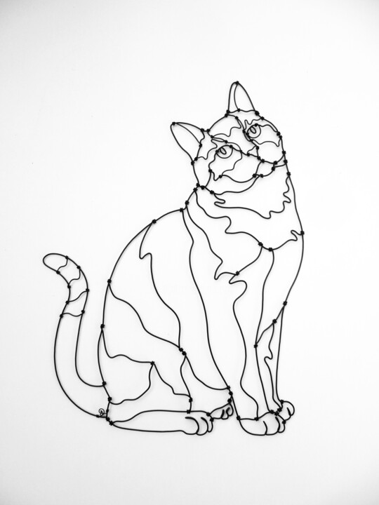 Sculpture murale chat en fil de fer 雕塑, 9.8x7.3 in