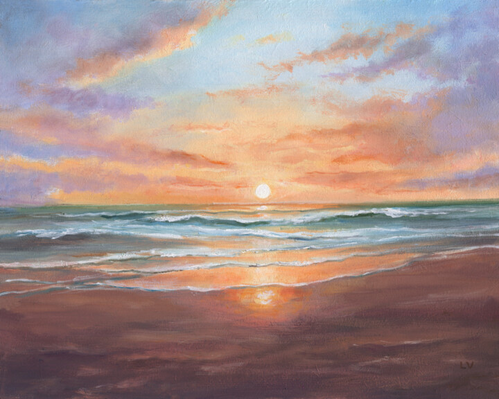 Painting titled "Peaceful beach suns…" by Lucia Verdejo, Original Artwork, Oil Mounted on Wood Panel