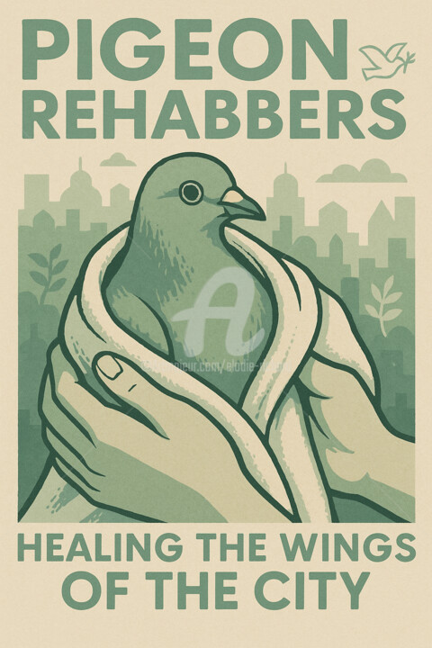 Arte digital titulada "Pigeon Rehabbers, H…" por Elodie M. Richard, Obra de arte original, Imagen generada por IA