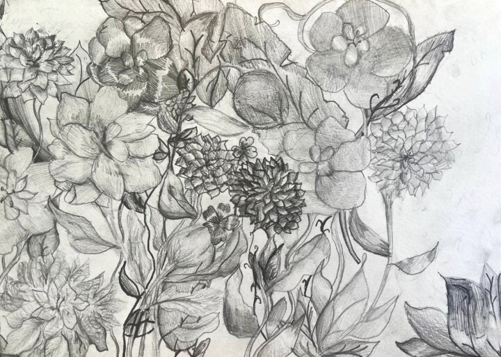 Schilderij getiteld "Flowers graphics" door Natal A Hudakova, Origineel Kunstwerk, Potlood