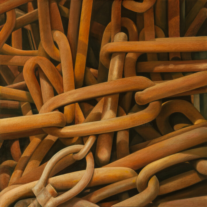 Schilderij getiteld "Ankerkette" door Klaus Keck, Origineel Kunstwerk, Olie Gemonteerd op Frame voor houten brancard