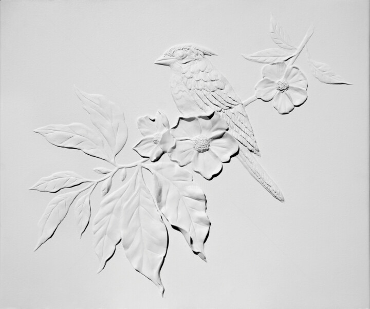 Textured bird on a branch. Bas-relief. 绘画, 19.7x23.6 in